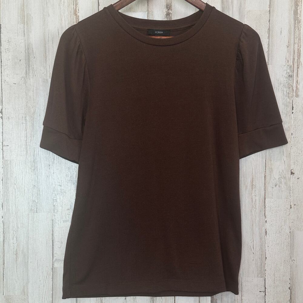 J Crew Womens Supercozy Top Blouse Small Chocolate Brown Puff Sleeve Stretch